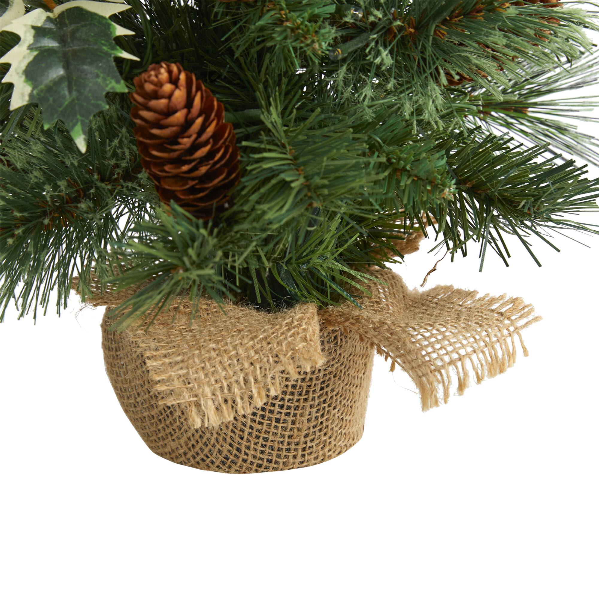 18" Pre-Lit Mixed Pine Artificial Christmas Tree with Holly Berries & Pinecones, Clear LED Lights